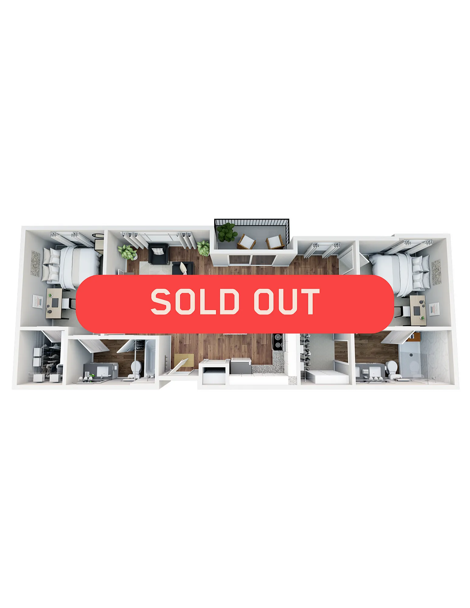 Modern 3D floor plan showcasing a sold-out spacious apartment with two bedrooms, stylish living area, and elegant balcony.