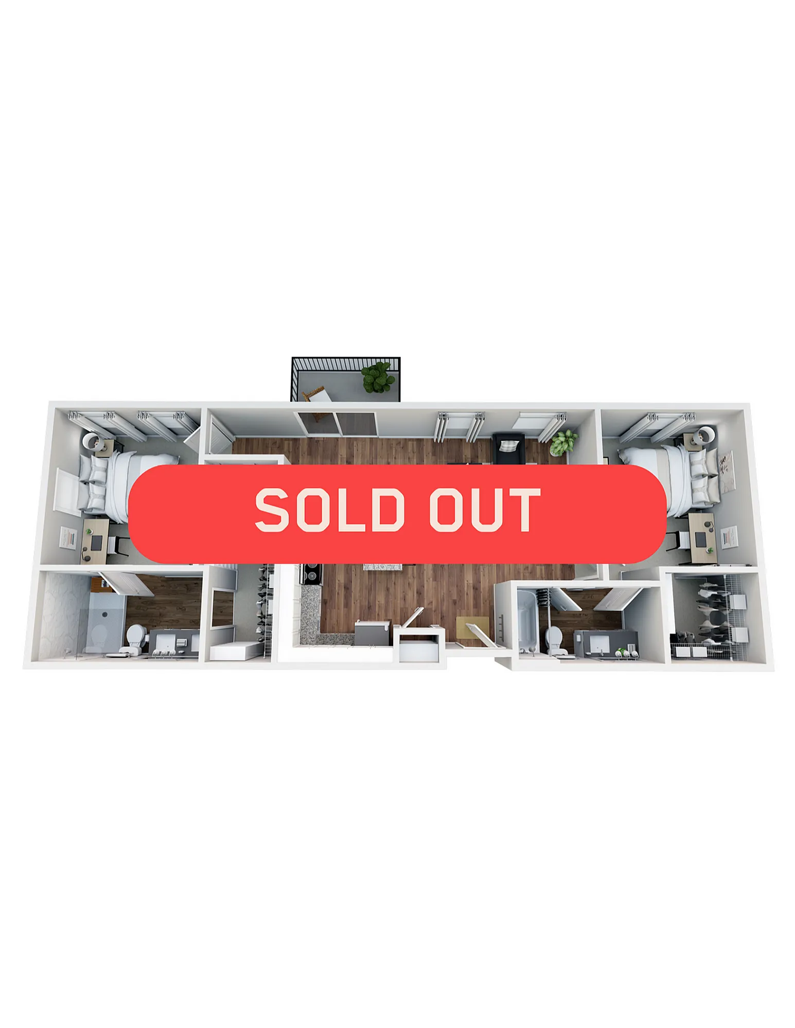 Modern apartment floor plan showcasing 3 bedrooms, open living space, and stylish kitchen, marked as sold out.