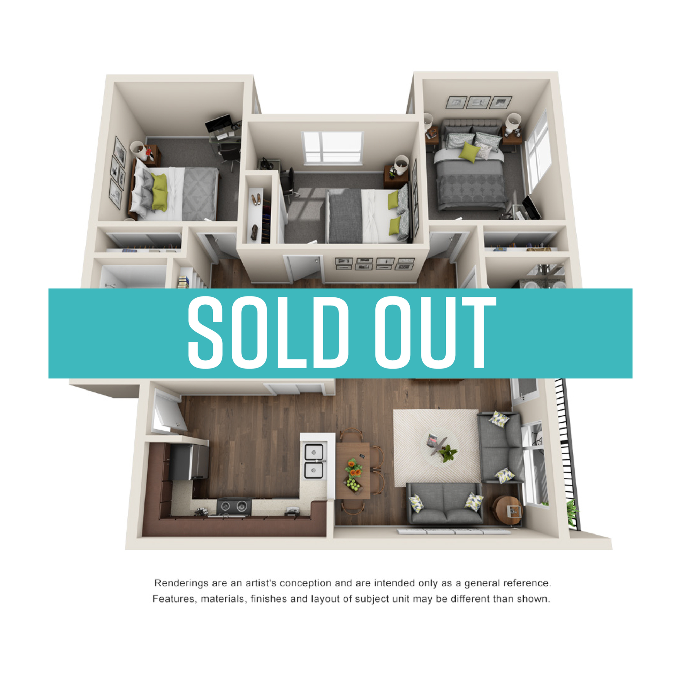 Modern 3D floor plan displaying 3 bedrooms, a sleek kitchen, and a cozy living area with stylish design elements.