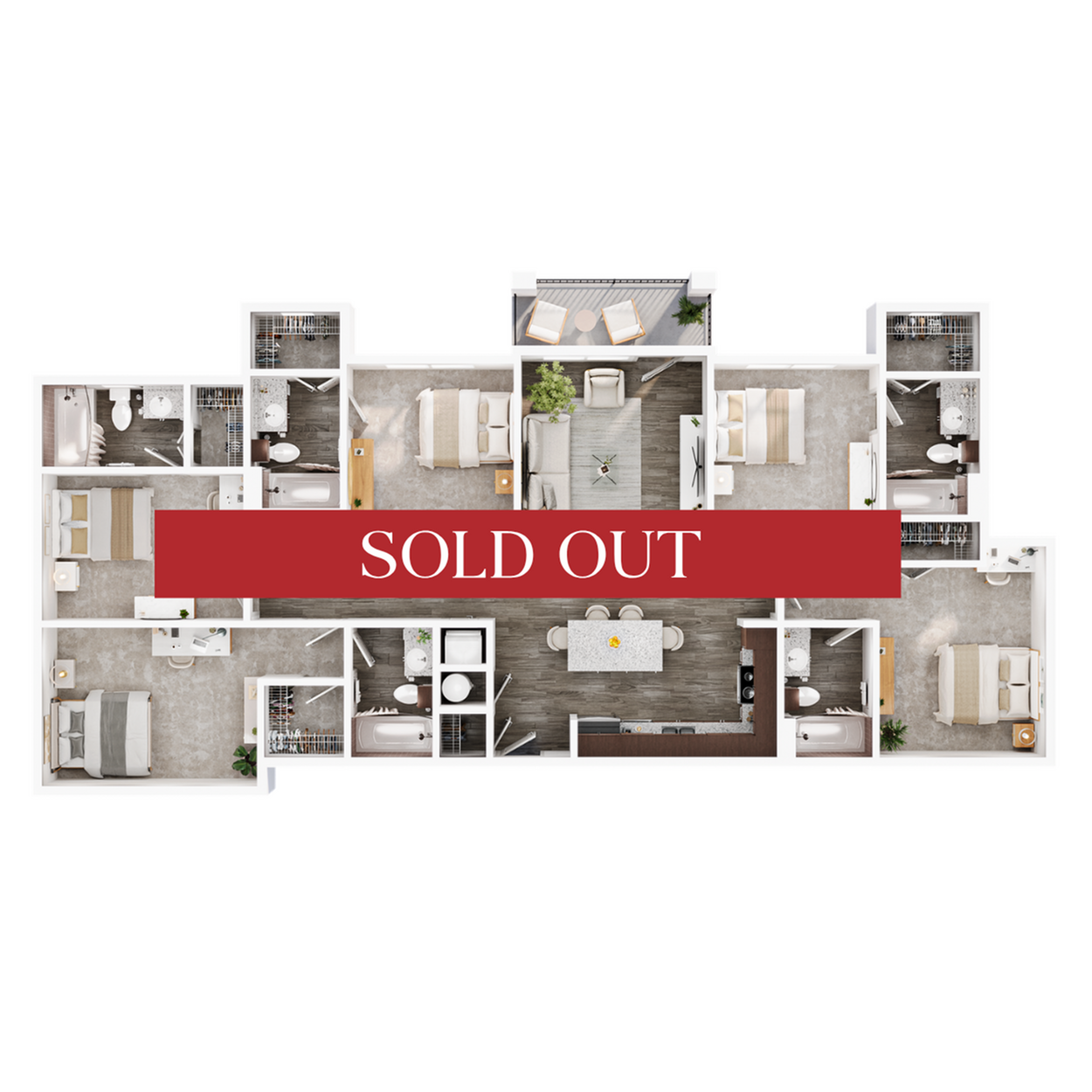 Modern 2D floor plan showcasing a spacious layout with four bedrooms, a central open-concept living area, and stylish finishes, now sold out.