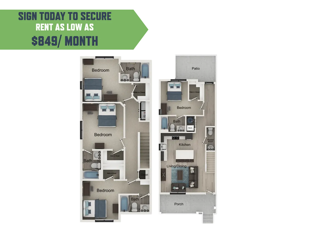 Modern apartment floor plan showcasing three bedrooms, a spacious kitchen, living and dining area, two baths, and a patio. Affordable luxury starting at $849/month.