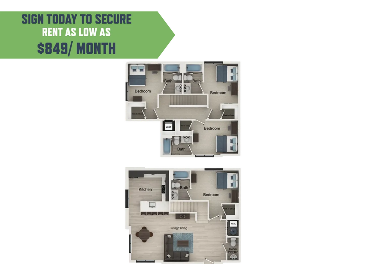 Modern two-story floor plan showcasing three cozy bedrooms, a sleek kitchen, and an inviting living/dining area with affordable rent as low as $849 per month.