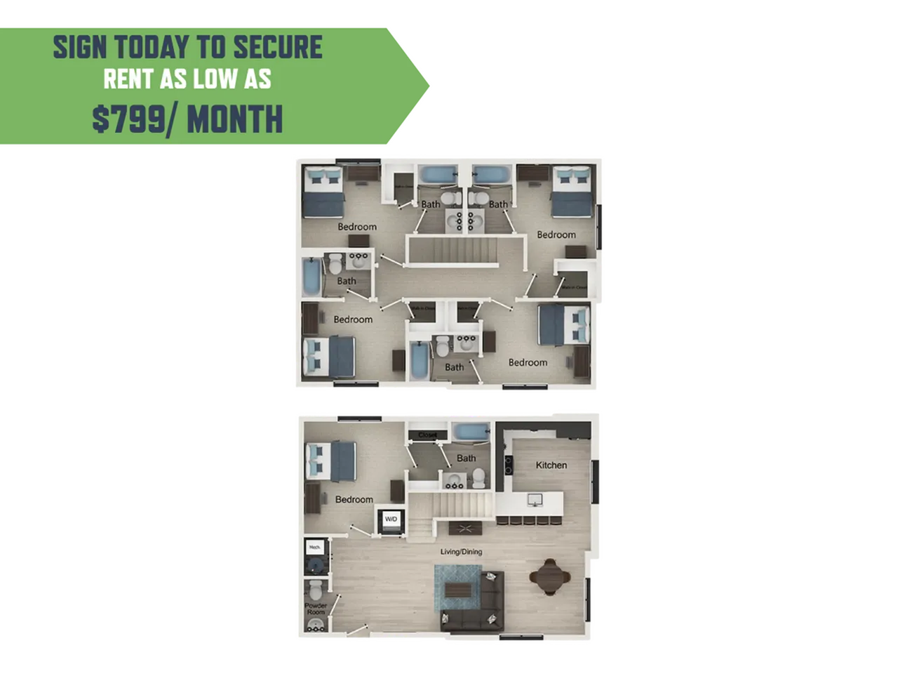 Contemporary two-story floor plan showcasing three bedrooms, modern kitchen, and open living/dining area. Secure your space for just $799/month!