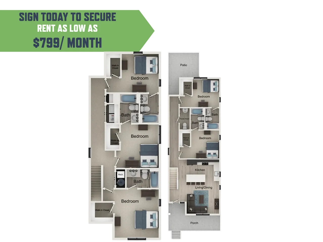 Chic apartment floor plan with three spacious bedrooms, modern kitchen, open living/dining area, and inviting porch. Ideal for comfortable living starting at $799/month.