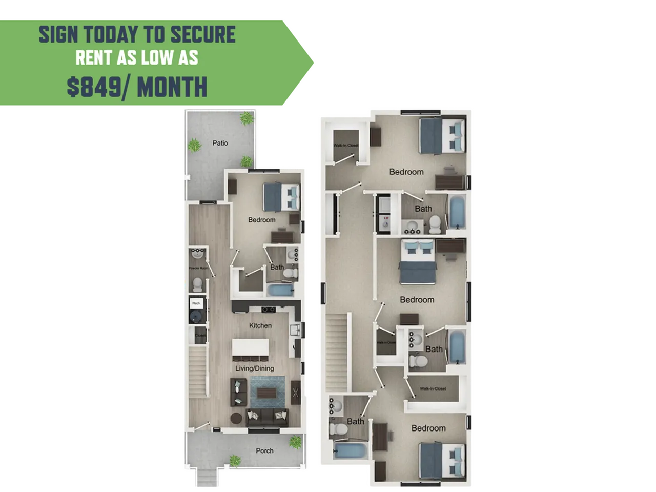 Modern floor plan highlighting comfortable living with three bedrooms, an open-concept kitchen and living area, patio and porch, available at an attractive rent of $849/month.