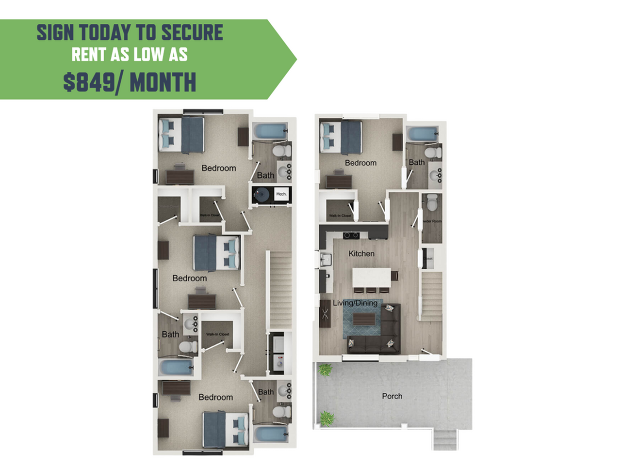 Charming floor plan featuring 3 bedrooms, modern kitchen, and open living/dining area with porch access, available for rent as low as $849/month.
