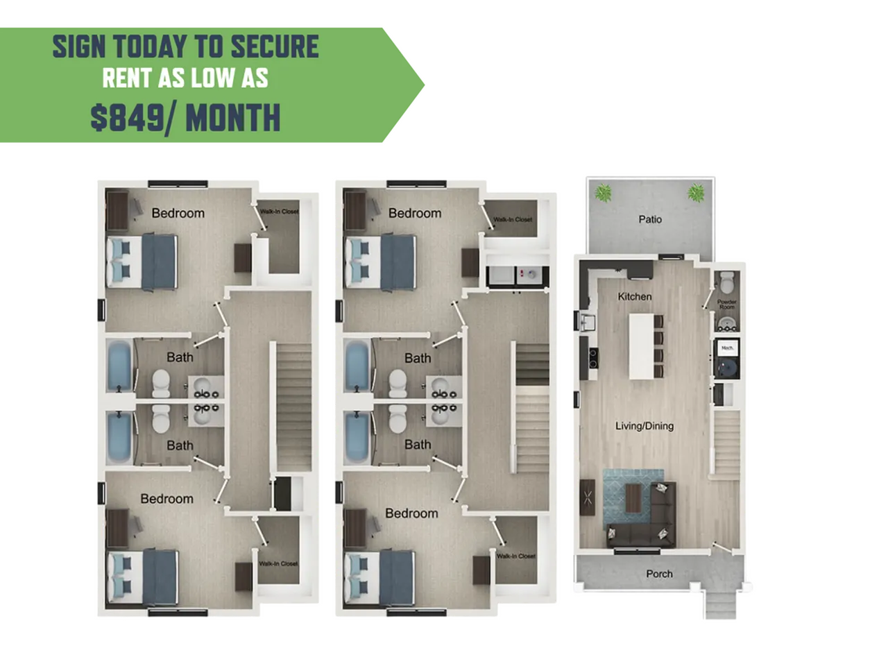 Modern two-story floor plan with 3 spacious bedrooms, 2.5 luxurious baths, an inviting open-concept kitchen, and a cozy living/dining area leading to a charming patio and porch. Affordable rent starting at $849 per month.