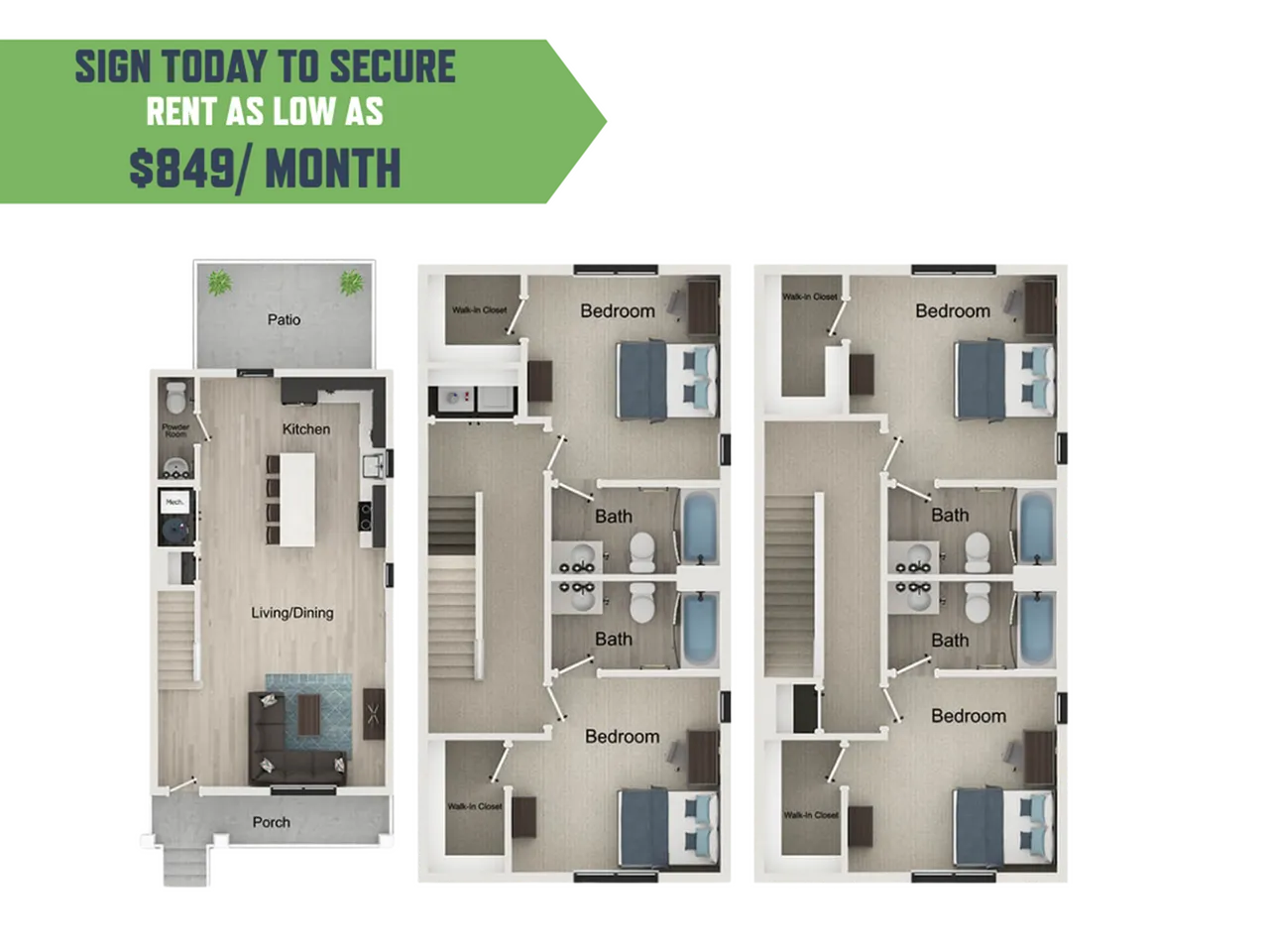 Contemporary floor plan showcasing dual-level design with spacious kitchen, open living/dining area, three cozy bedrooms, and two modern bathrooms. Includes private patio, ideal for affordable living at $849/month.