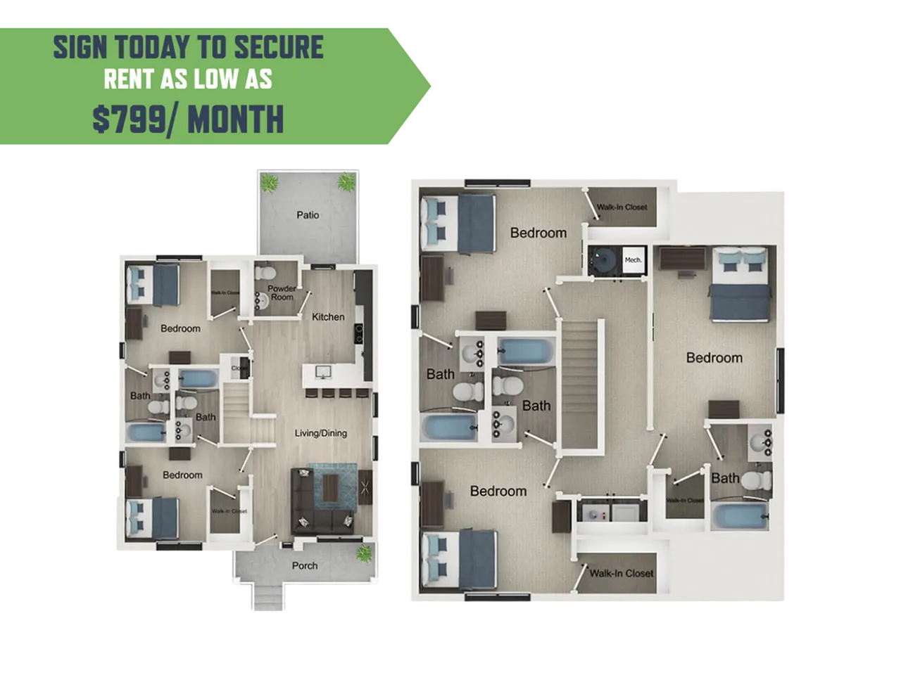 Inviting floor plan showcasing three spacious bedrooms, modern kitchen, and a cozy living/dining area with patio access. Affordable luxury at just $799/month.