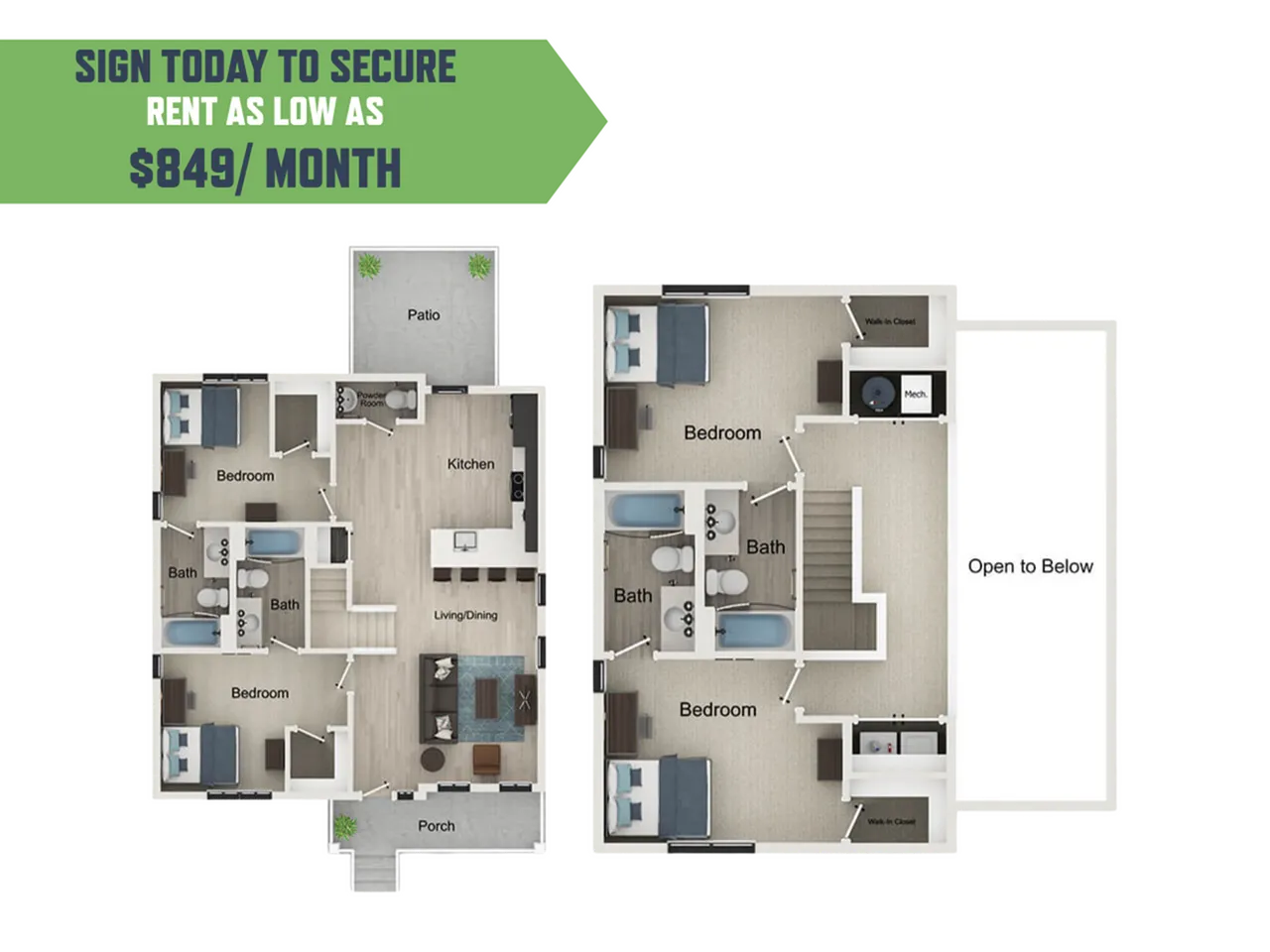Modern two-story floor plan offering 3 bedrooms, spacious living/dining area, and an open kitchen with patio access. Sign today to secure rent as low as $849/month.