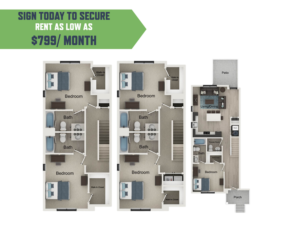 Charming apartment floor plan featuring three spacious bedrooms, two modern baths, and an inviting living/dining area with patio access. Secure this comfortable space for as low as $799/month.
