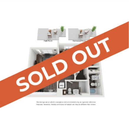 Contemporary floor plan with 2 bedrooms, stylish living area, and modern kitchen featuring private patio spaces, marked as sold out.