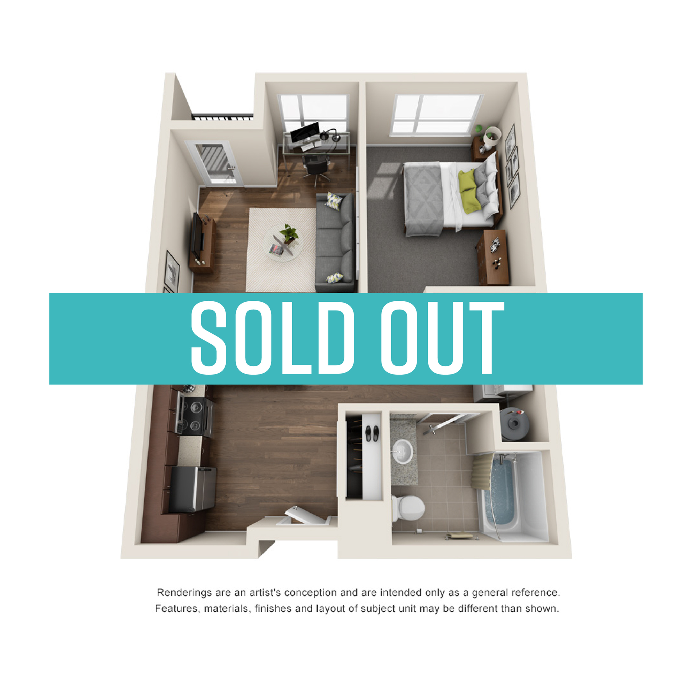 Inviting 3D apartment floor plan showcasing a cozy bedroom, modern kitchen, and stylish living area, highlighting efficient use of space. Sold Out.