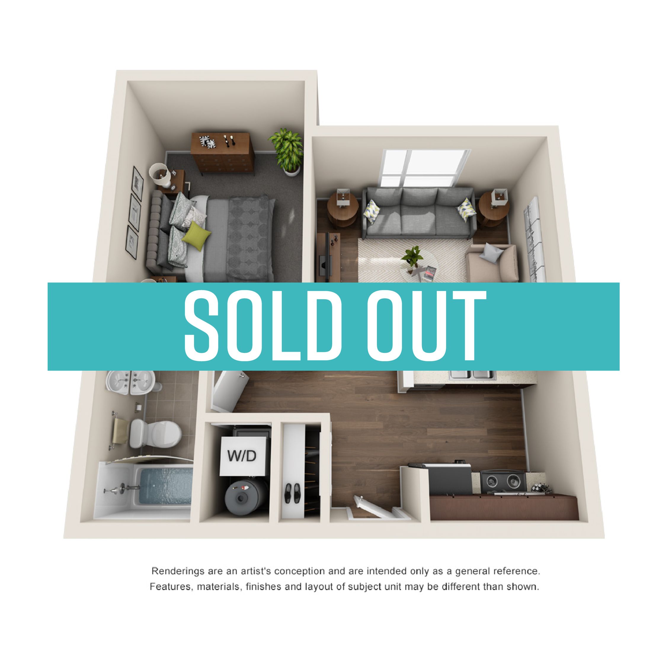 Chic 3D floor plan showcasing a cozy 1-bedroom apartment with modern kitchen and inviting living area, featuring stylish decor and ample natural light, labeled as \'Sold Out\'.