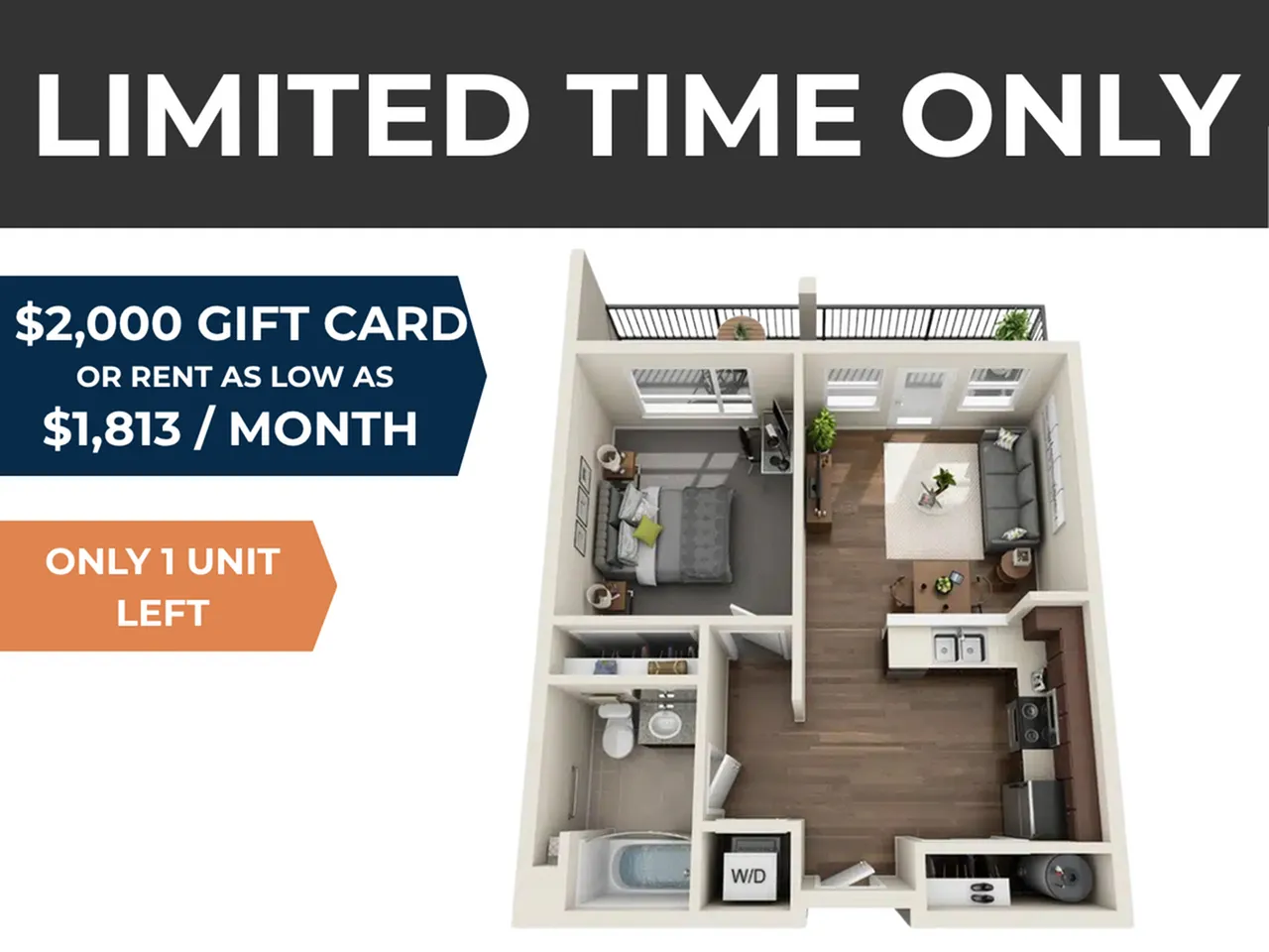 Modern 3D floor plan showcasing one-bedroom apartment with open-concept living area, sleek kitchen, and large windows. Limited time offer with $2,000 gift card or rent as low as $1,813 per month. Only 1 unit left.
