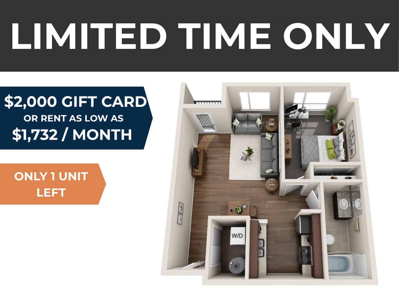 Modern 3D apartment floor plan featuring spacious bedroom, cozy living area, and sleek kitchen. Limited time offer with $2,000 gift card, only 1 unit left. Rent as low as $1,732 per month.