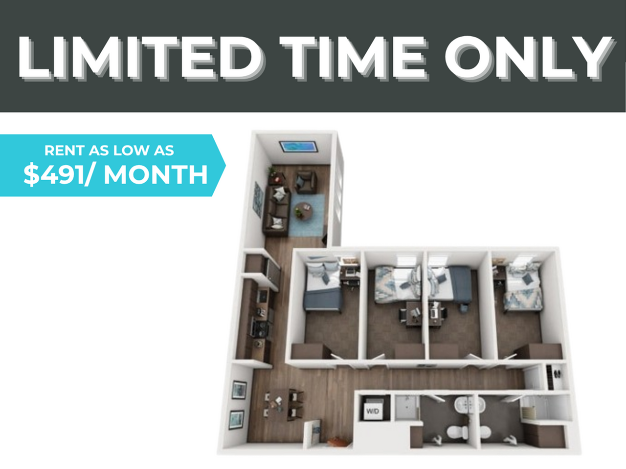 Modern 3D floor plan with 3 stylish bedrooms, open living space, and efficient kitchen layout, available for $491/month.