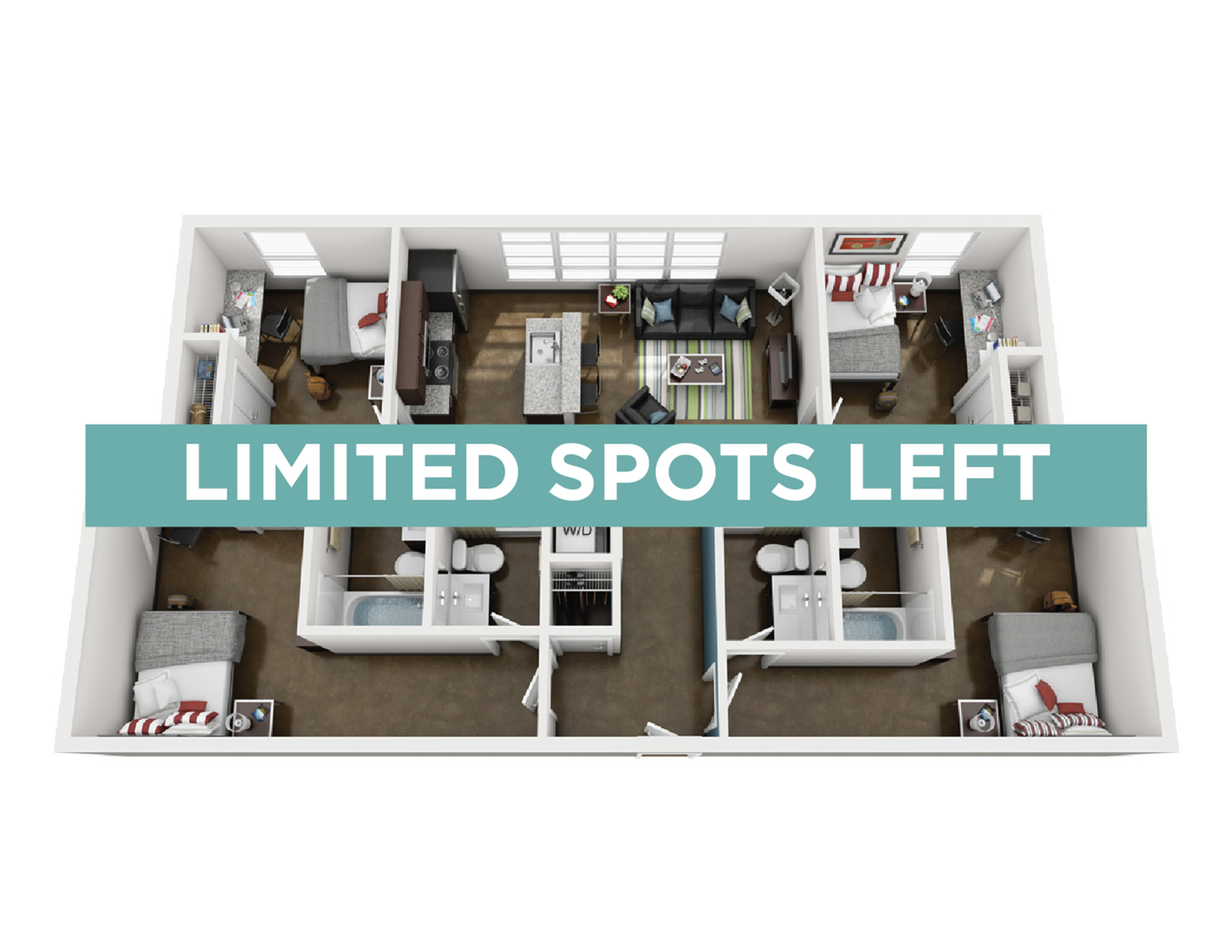 Modern 3D floor plan showcasing three bedrooms, a spacious living room, and a contemporary kitchen. Limited spots left for this stylish apartment layout.