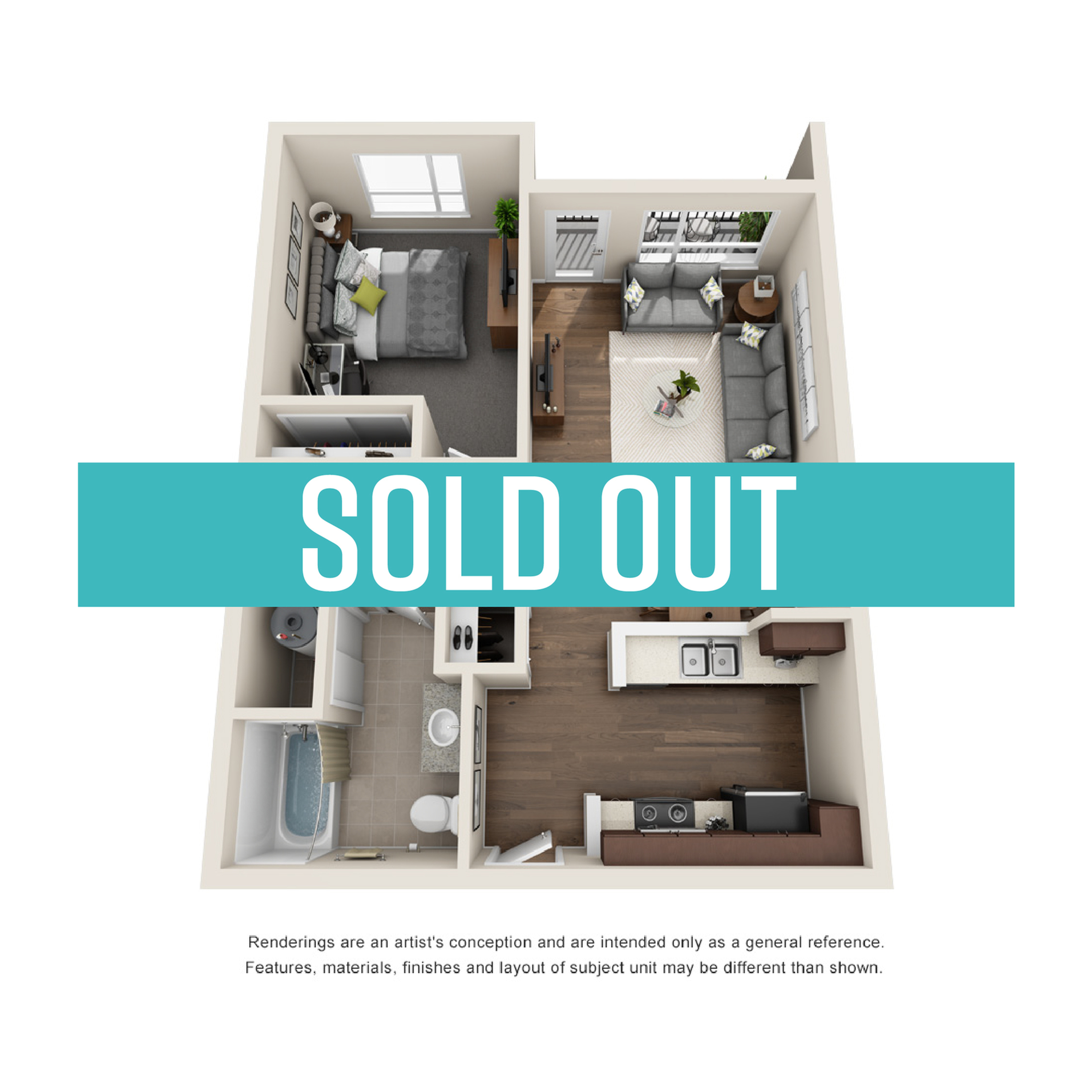 Modern 3D floor plan showcasing a cozy one-bedroom apartment with an open living space and sleek kitchen area.