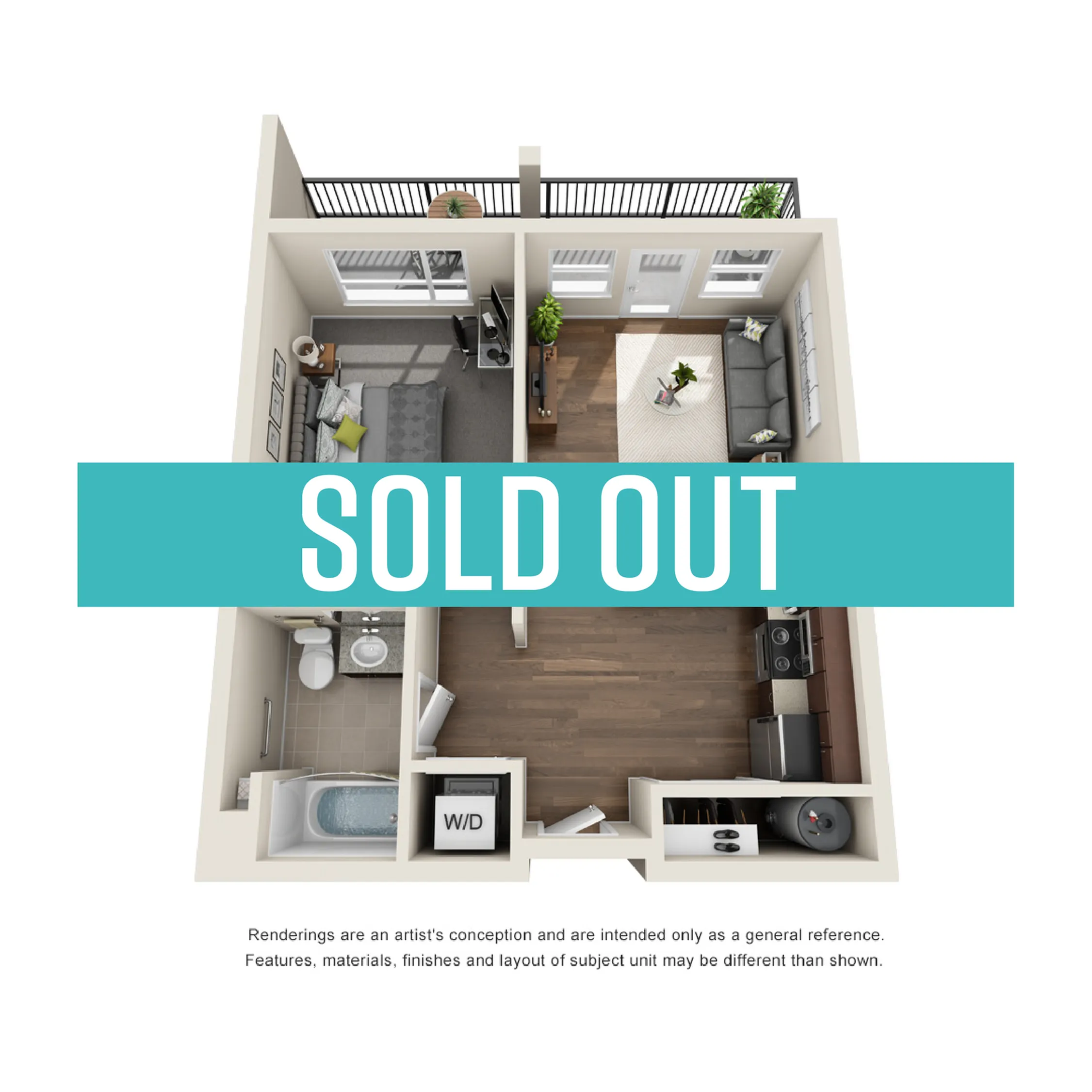Elegant 3D rendered floor plan showing a modern apartment with one bedroom, stylish living area, sleek kitchen, and balcony. Cozy and functional layout with a sold-out status.