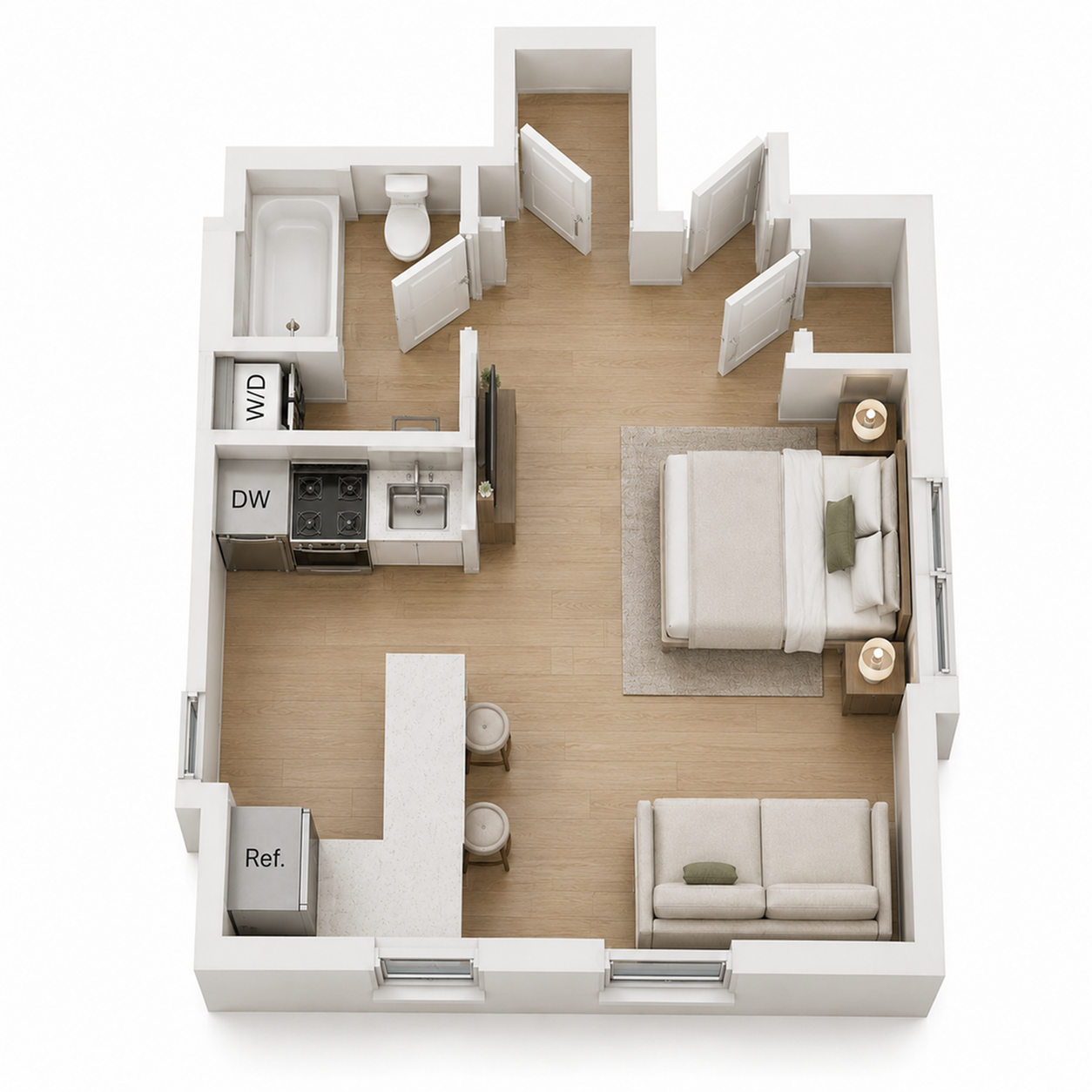 Elegant 3D floor plan with one bedroom, open kitchen with island, cozy living area, and modern bathroom layout.