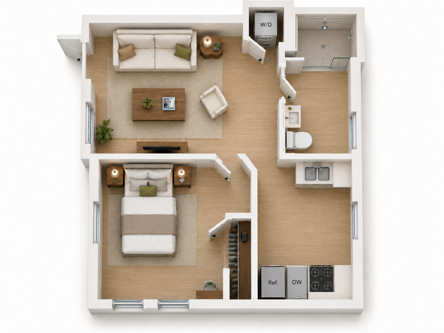 Modern one-bedroom apartment floor plan featuring an open-concept living area, compact kitchen, and private bath, perfectly designed for efficient urban living.