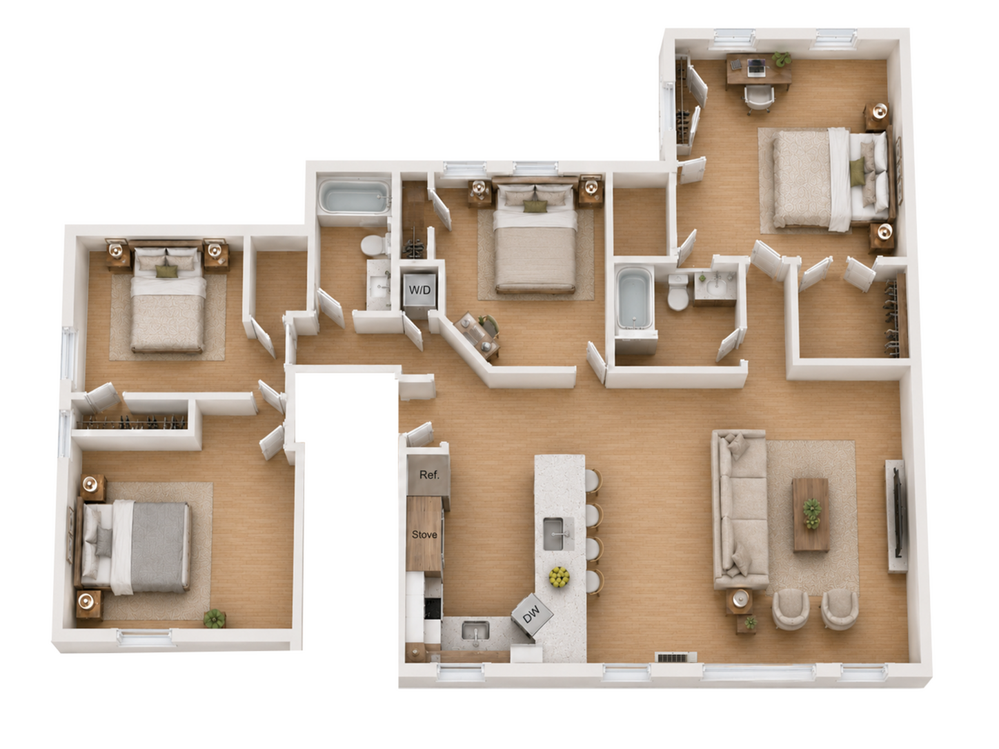 Modern 3D floor plan featuring three spacious bedrooms, an elegant open kitchen with island, a cozy living room, and dual bathrooms.