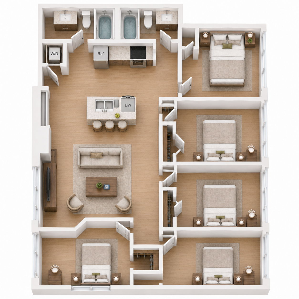 Modern floor plan featuring 3 spacious bedrooms, open living area with kitchen island, and stylish bathrooms.