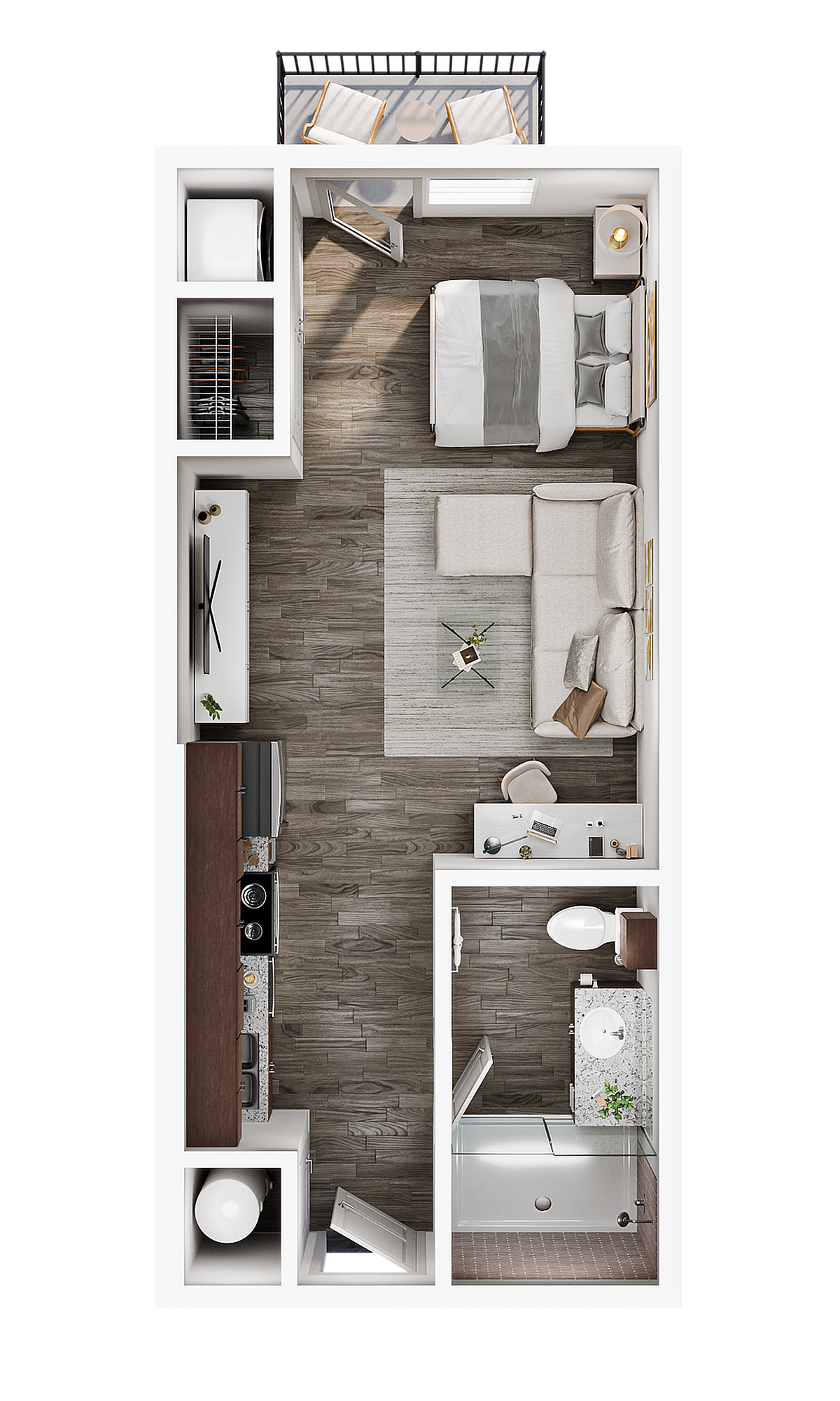 Modern studio apartment floor plan with a cozy bedroom, sleek kitchen, and stylish living area, complete with a balcony.
