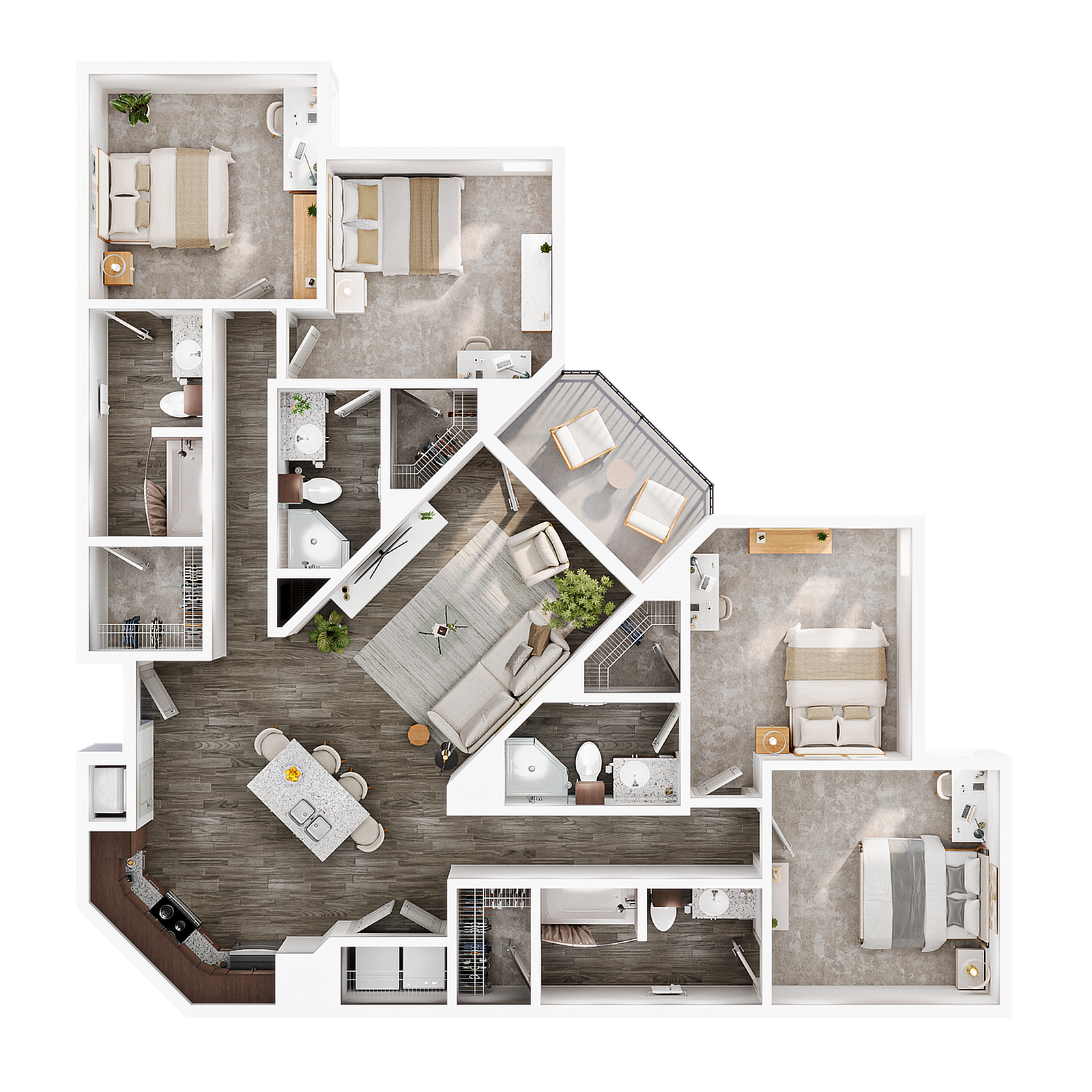 Contemporary 4-bedroom apartment floor plan with open living-dining area, sleek kitchen, and private balcony for a modern living experience.