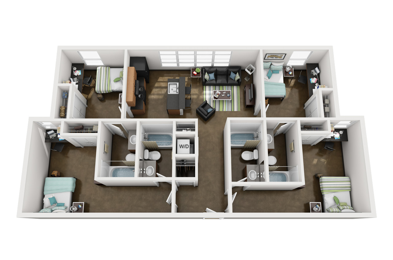 Modern 3D floor plan featuring three bedrooms, two bathrooms, an open living area with kitchen, and cozy furnishings.