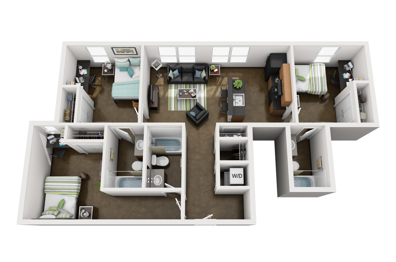 Modern 3D floor plan showcasing 2 bedrooms, cozy living room, and contemporary kitchen with integrated washer and dryer.