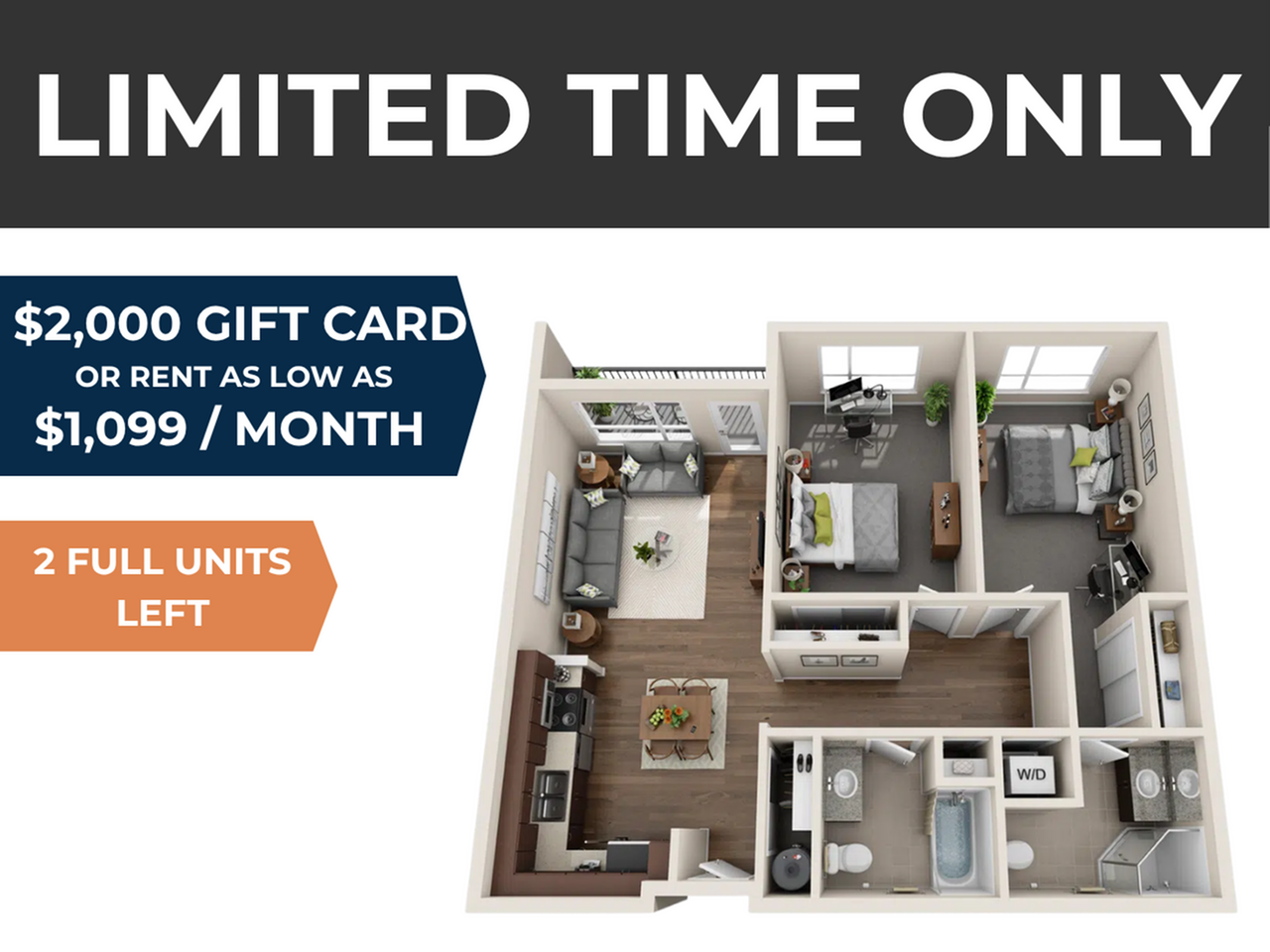 Chic 3D floor plan showcasing a modern 2-bedroom apartment with a cozy living room, stylish kitchen, and private balcony. Limited time offer includes a $2,000 gift card or rent starting at $1,099 per month. Only 2 units left!