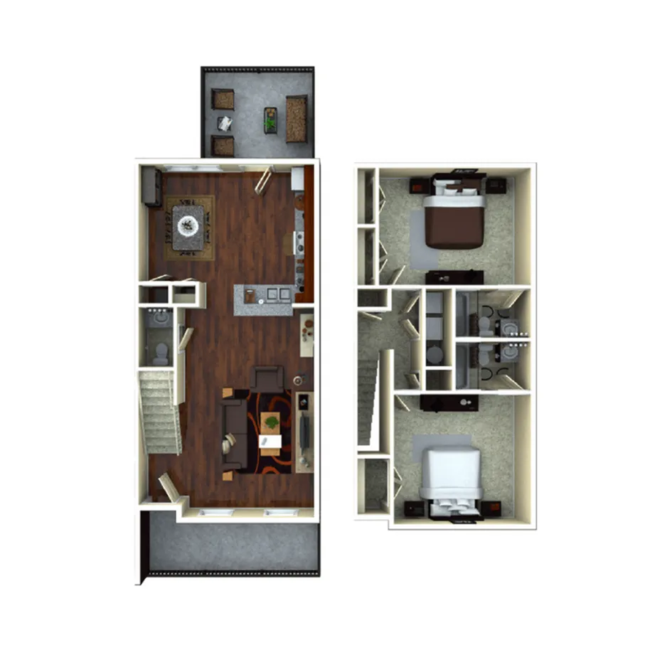 Modern 3D floor plan showcasing 2 bedrooms, an elegant open living area, and a stylish kitchen with polished wood flooring.