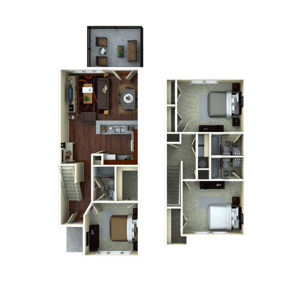 Elegant two-story floor plan showcasing 3 spacious bedrooms, modern open kitchen, cozy living area, and a stylish balcony for outdoor relaxation.