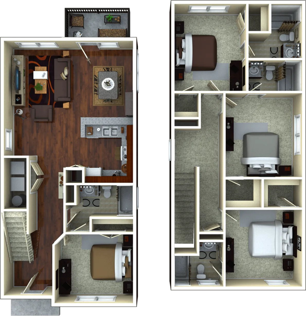 Contemporary 3-bedroom, 2-bathroom floor plan with open-concept living area, modern kitchen, and private patio. Ideal for spacious living.