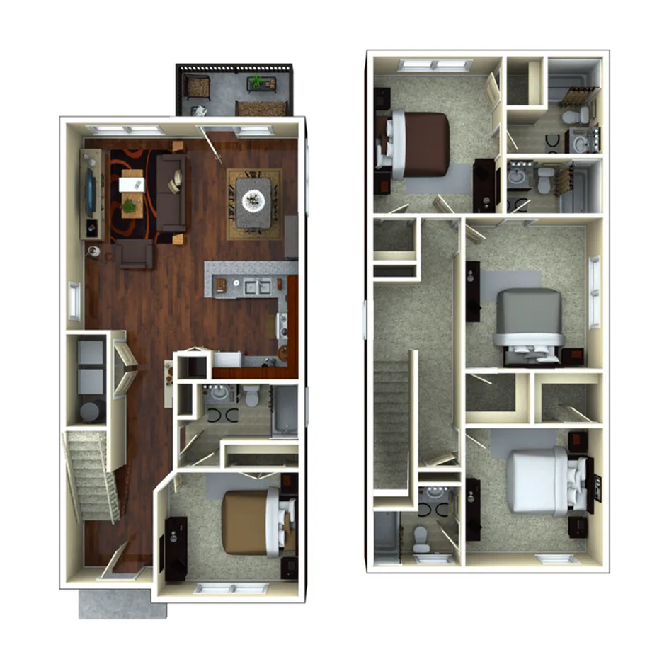 Chic 3D floor plan showcasing a modern duplex apartment with 3 bedrooms, open-concept living and dining areas, elegant kitchen, and balcony, perfect for stylish urban living.
