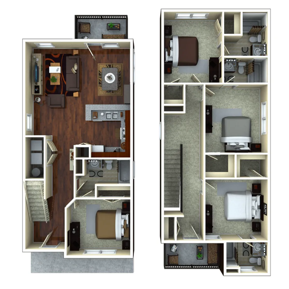 Modern two-story floor plan featuring three spacious bedrooms, an open living and dining area, stylish kitchen, and two elegant bathrooms.