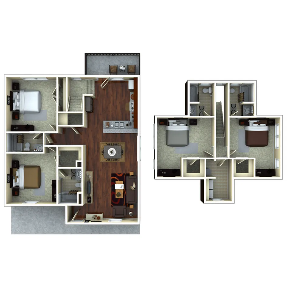 Modern duplex floor plan featuring 4 bedrooms, an expansive open-concept living area, elegant kitchen with breakfast bar, and two cozy dining spaces, ideal for families seeking comfort and style.