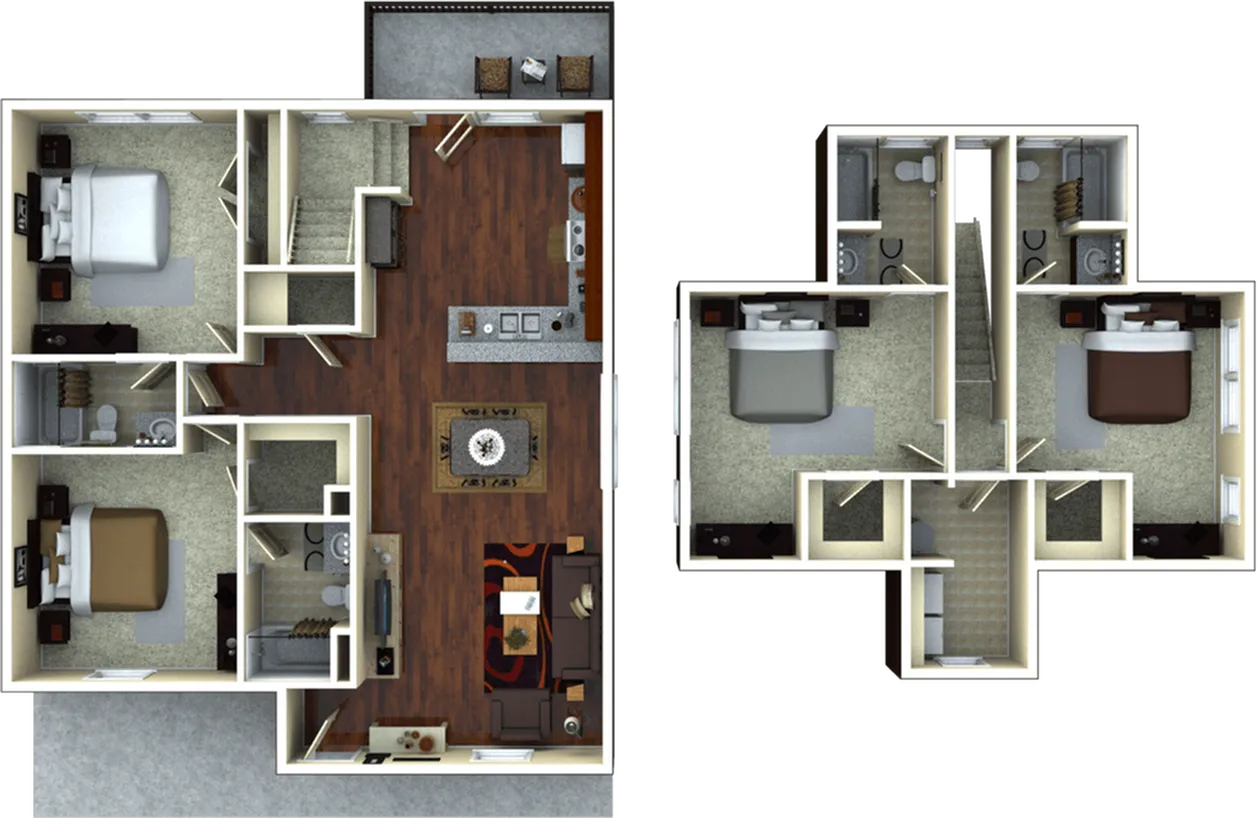 Elegant 3D floor plan highlighting 3 spacious bedrooms, an open-concept kitchen and living area, and an inviting layout.