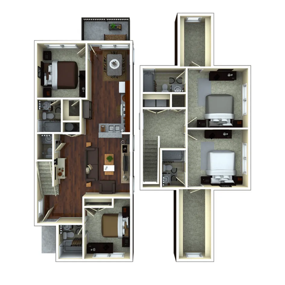 Modern 3D floor plan showcasing 3 bedrooms, spacious kitchen, cozy living room, and private balconies.
