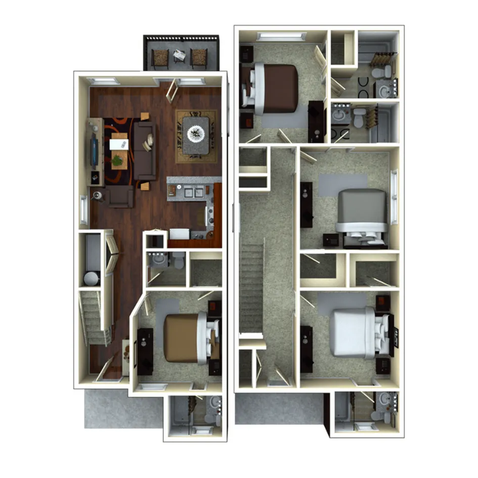 Elegant floor plan showcasing a multi-level apartment with three spacious bedrooms, an open-concept living and dining area, and modern kitchen with sleek finishes.