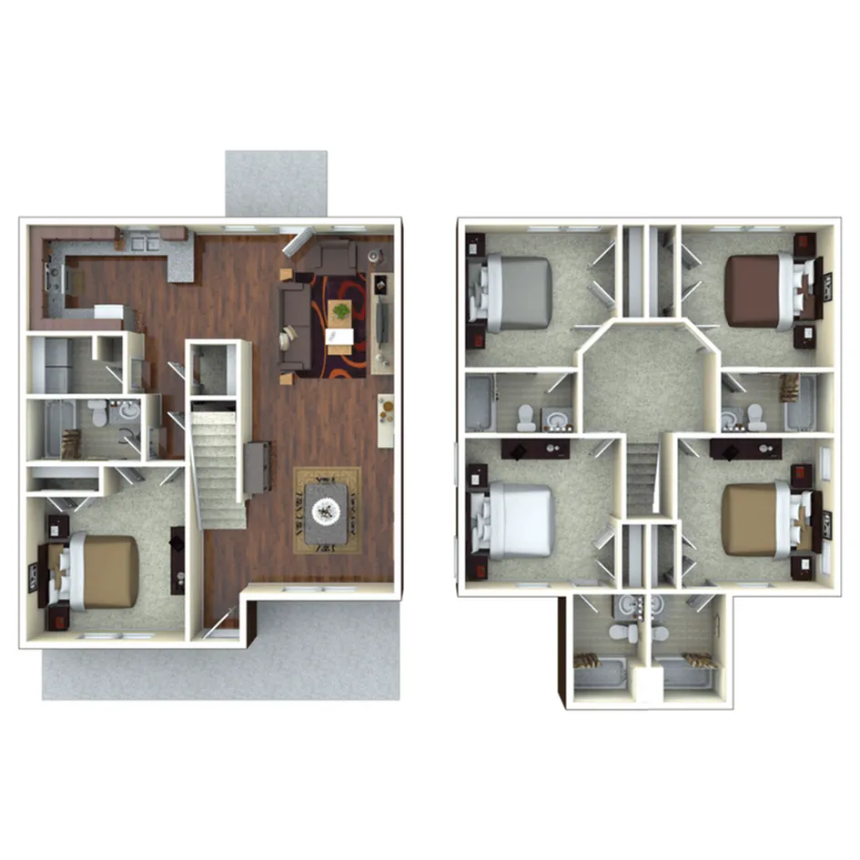 Elegant two-story floor plan featuring a spacious living room and modern kitchen on the lower level, with three cozy bedrooms and bathrooms upstairs.