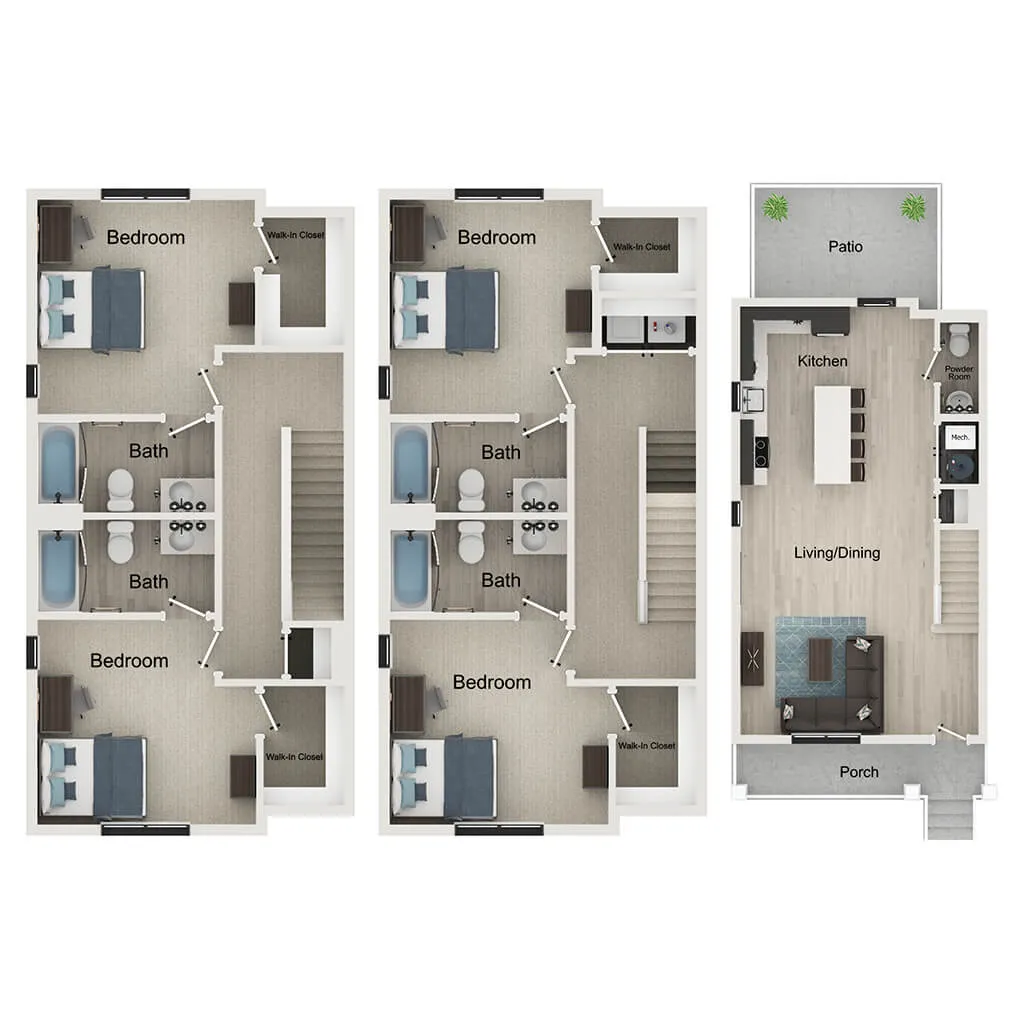 Elegant floor plan featuring 3 bedrooms, dual baths, and a spacious open-concept living and dining area with a kitchen. Includes a cozy patio and porch, perfect for modern family living.