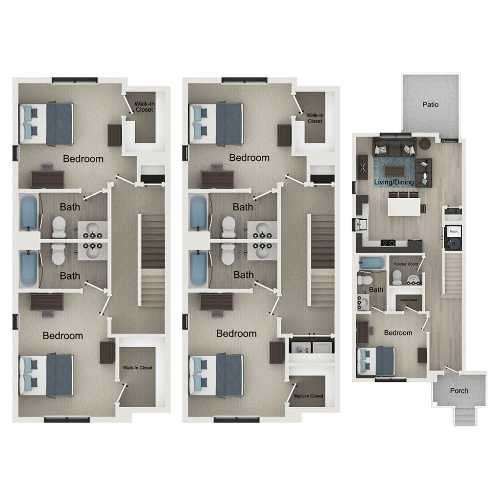 Elegant multi-level floor plan featuring 3 bedrooms, modern living and dining area, stylish kitchen, and inviting patio. Spacious walk-in closets and multiple baths enhance comfort in this contemporary design.
