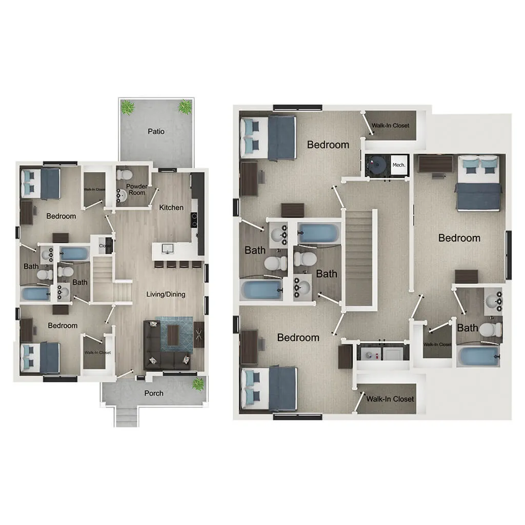 Modern double-level floor plan showcasing 4 bedrooms, 4 baths, open-concept kitchen, and inviting living/dining area with patio and porch.