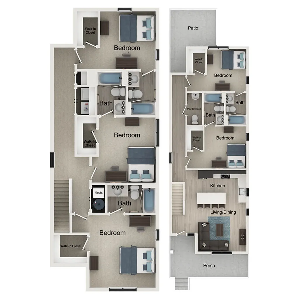 Modern floor plan featuring three bedrooms with walk-in closets, spacious living area, and an inviting kitchen, complete with a patio and porch for outdoor enjoyment.