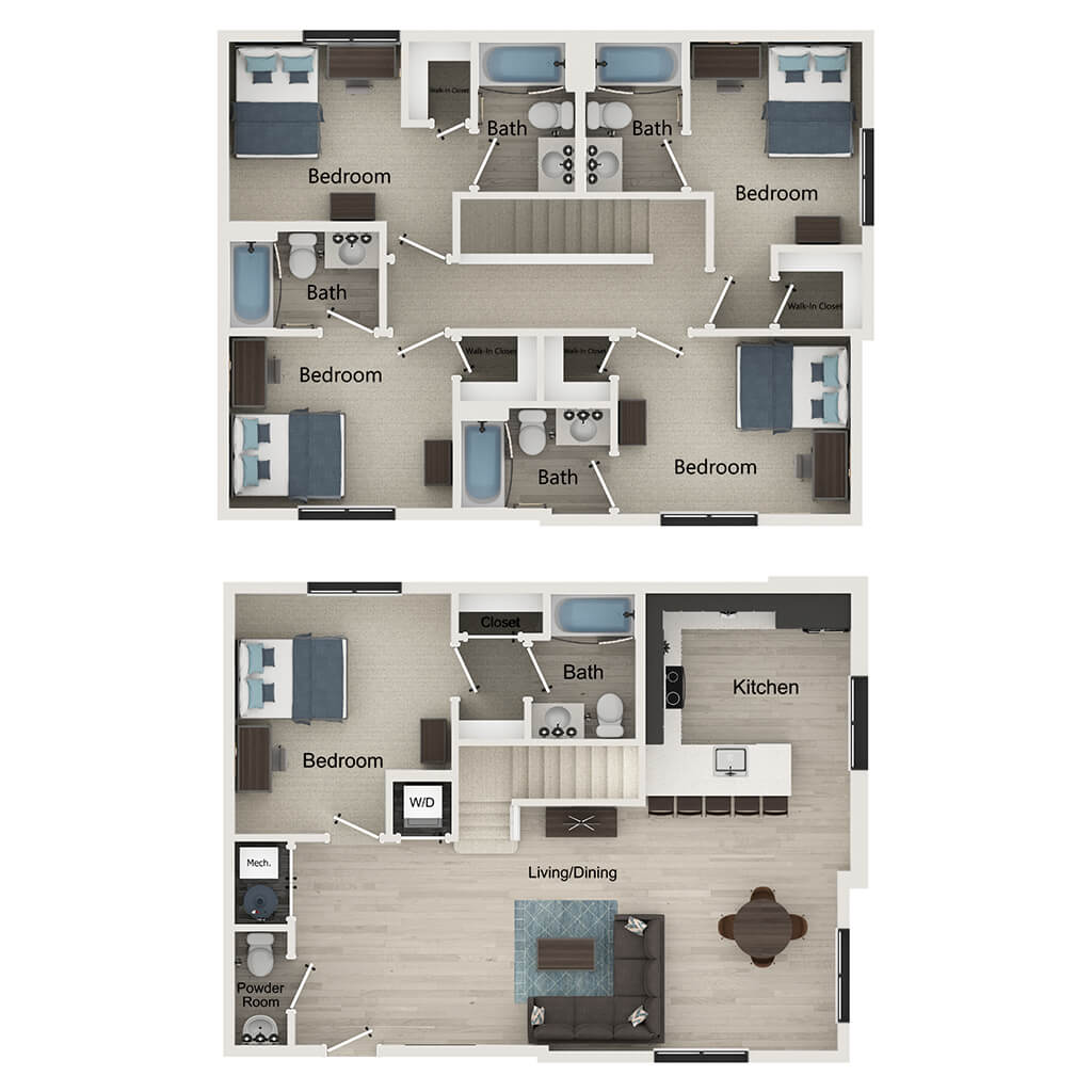 Expansive two-level floor plan featuring four bedrooms, three full baths, a modern kitchen, spacious living and dining area, and a convenient powder room.