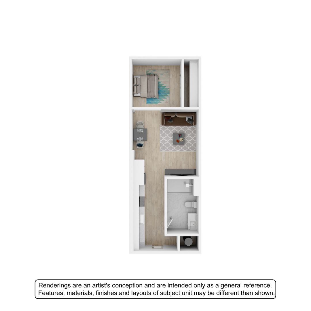 Modern 3D floor plan with cozy bedroom, open living-dining area, and sleek kitchen layout.