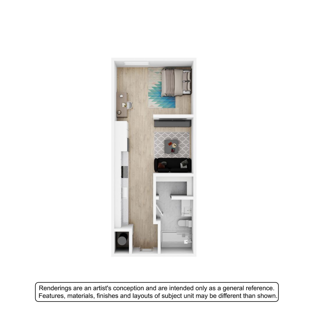 Modern open-concept studio apartment floor plan featuring a cozy sleeping area, stylish living space, and compact kitchen, perfect for urban living.